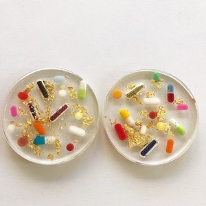 SET OF 2 Colorful Pill Coasters with gold flakes